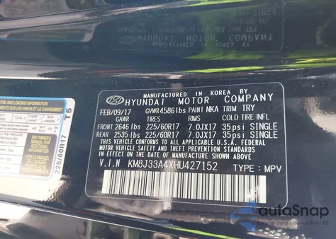 2017 Hyundai Tucson Se Plus из США, поврежденный, VIN KM8J33A4XHU427152